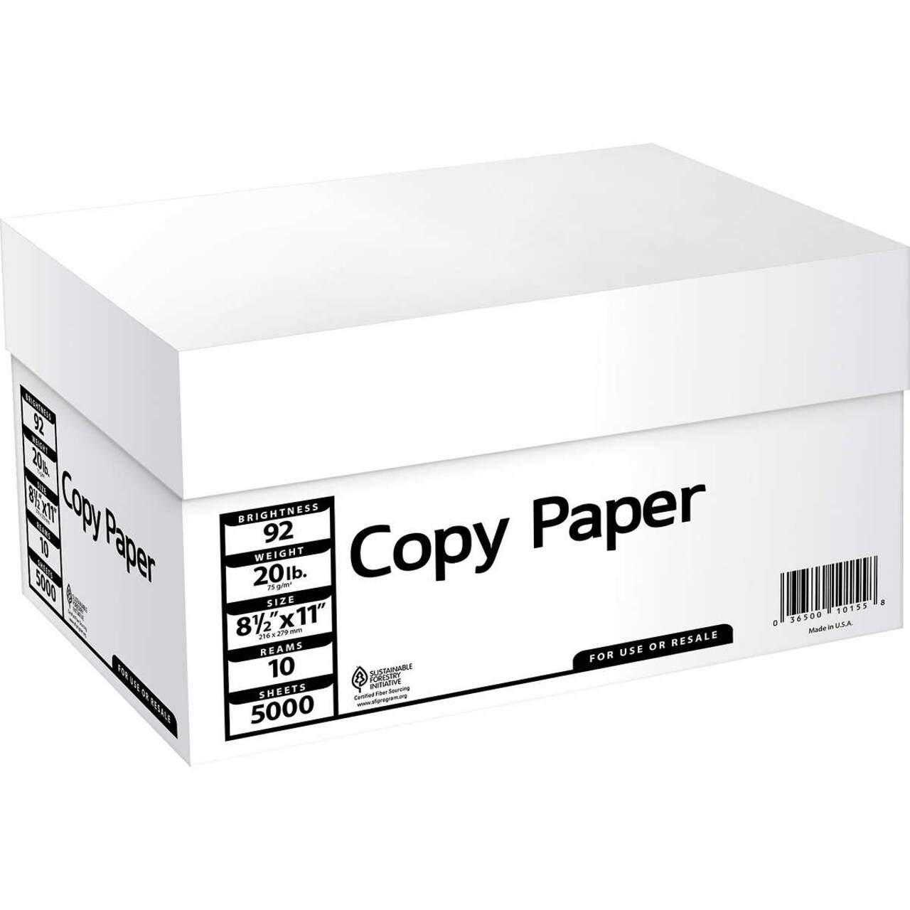 Commodity Multipurpose Copy Paper, 92 Bright, 20 lb, White, 8.5x11, 10  Reams, 5000 Sheet